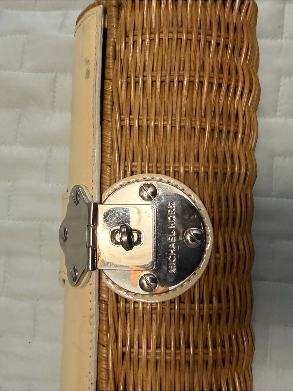 MICHAEL KORS Wicker Clutch with Cream Leather Trim and Silver Hardware